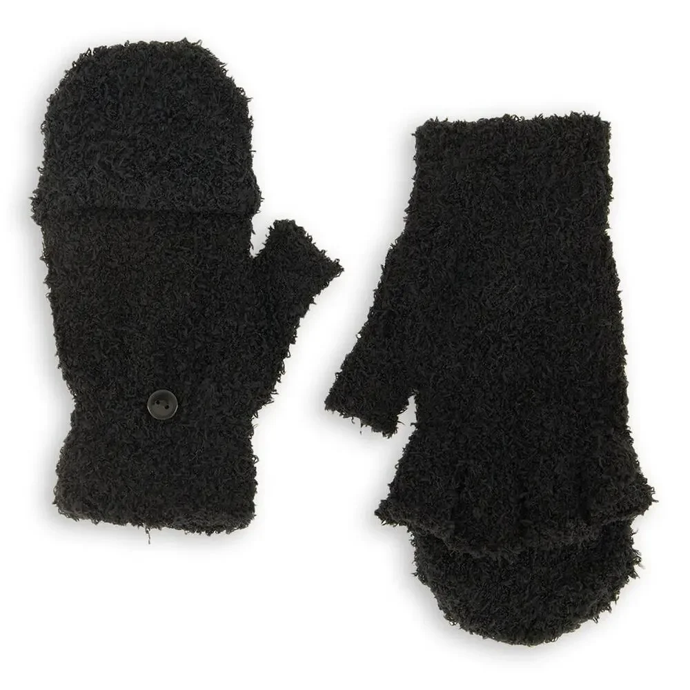 New Fashion Nova Fuzzy Flip Top Gloves Mittens Black Button Winter Fingerless